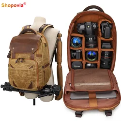 Men Camera Bag Photography Waterproof Leather Backpack Retro Batik Canvas Bag USB Port fit 15.4inch Laptop Travel Carry Case