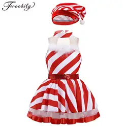 Kids Girls Christmas Dance Costumes with Santa Hat Ballet Tutu Dress Dancewear Candy Cane Striped Figure Skating Dress