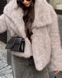 2025 New Fashion Autumn Winter Turn-Down Collar Long Sleeve Faux Fur Coat Jacket Casual Warm Fluffy Cropped Coat