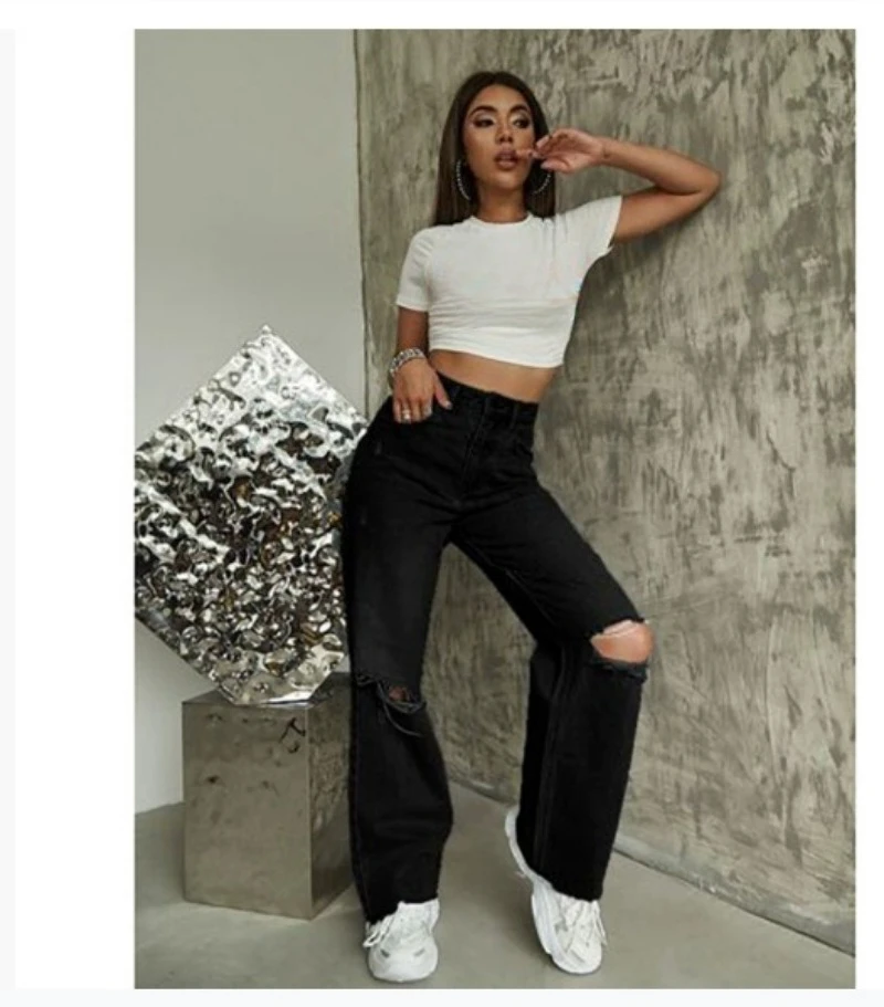 2026 Women Knee Broken Holes Trend Straight Jeans European American High Waist Wide Leg Fashion Comfortable Casual Denim Pants