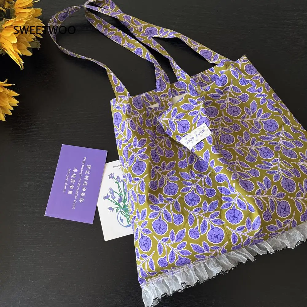 2026 Violet Floral Lace Frayed Edge Thin Cotton Tote Bag Semi Sheer Fabric Lazy French Style Small Capacity Women Shoulder Purse