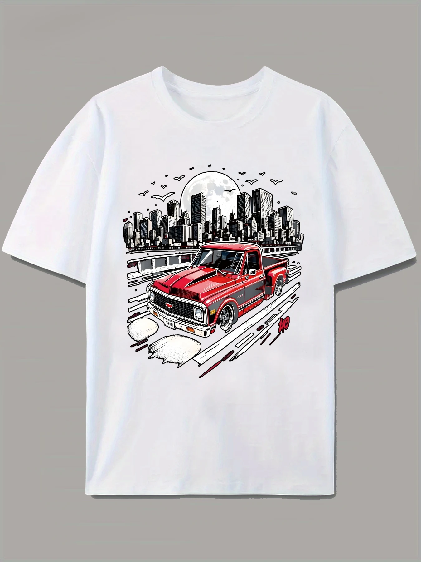 Vintage Red Pickup Truck&City Skyline Graphic-with Urban Nightlife design-100%cotton O-neck short sleeve printed men's T-shirt.
