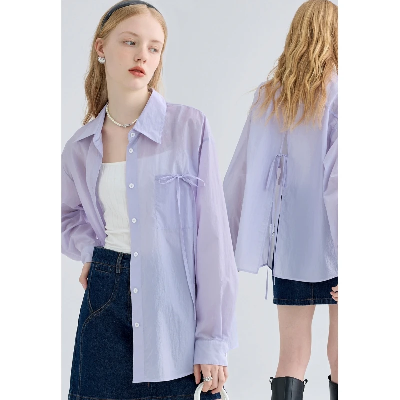 

Women's Clothes Shirt Spring Streetwear Purple Shirt Rope Fashion Vintage Female Long Sleeve Chic Thin Baggy Casual Blouse Tops