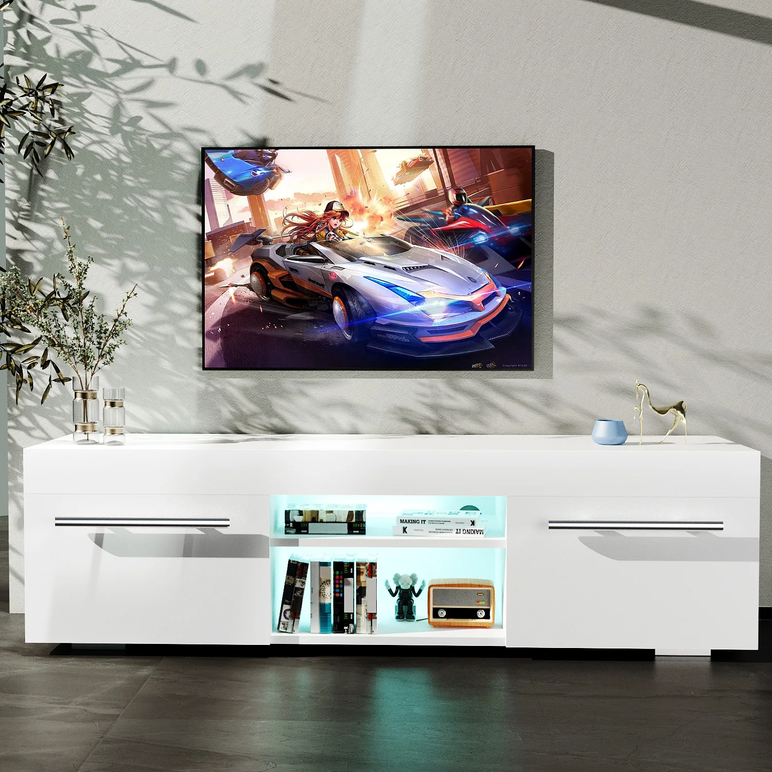 وحدة تلفزيون LED 2 باب حديث لامع غير لامع MDF خزانة للغرفة المعيشة حامل الوسائط أثاث RGB ضوء أبيض 130 سم #2