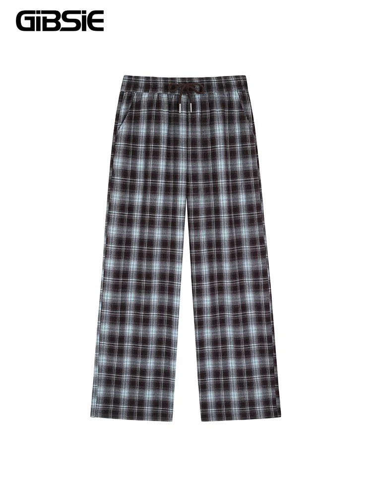 GIBSIE Plus Size American Style Plaid Drawstring Casual Pants Women Autumn Korean High Waist Loose Wide Leg Straight Trousers