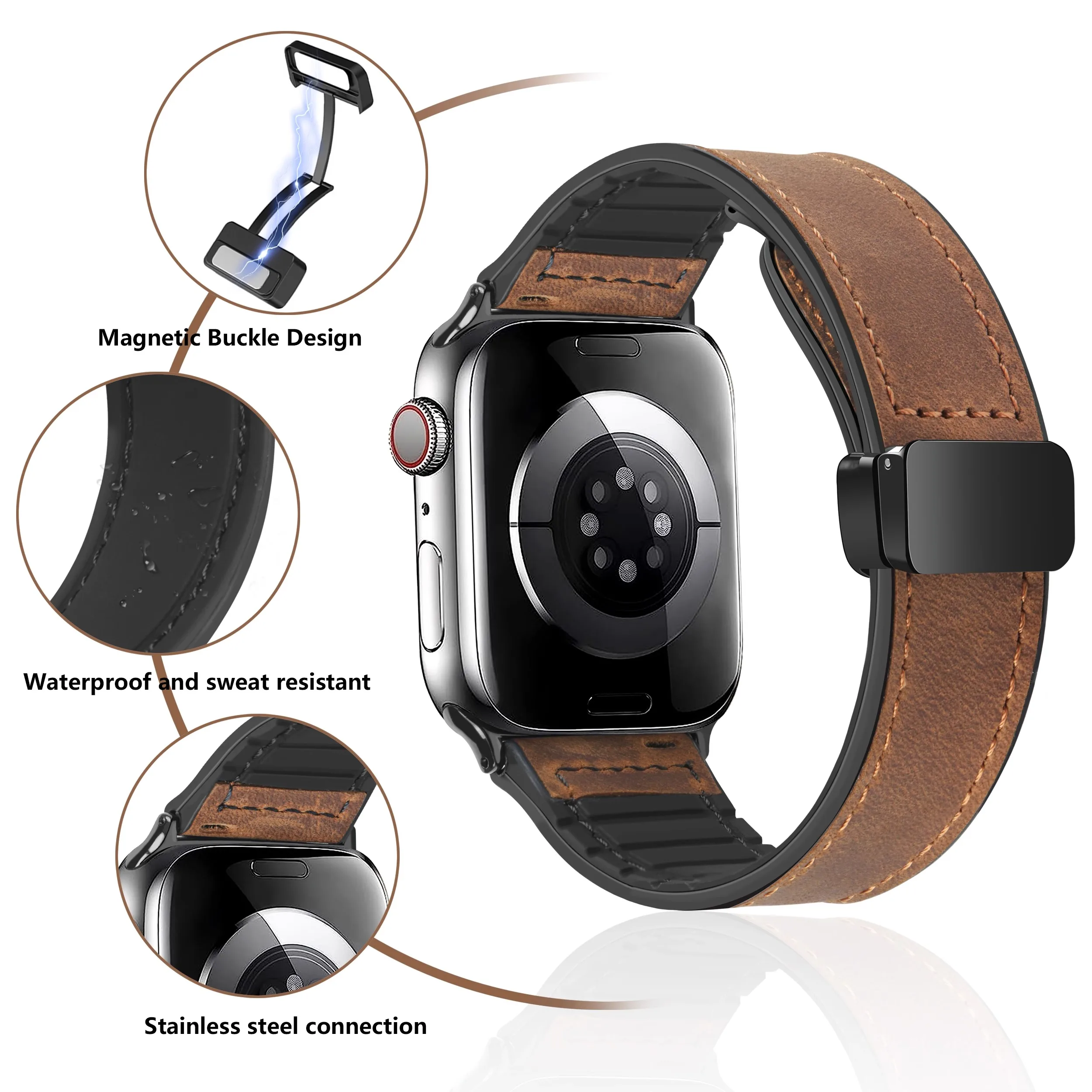 Leather+Silicone Strap For Apple Watch Band 49mm 44mm 45mm 41mm 46mm 40 42mm Magnetic Bracelet iwatch Series 10 9 8 SE 7 Ultra 2