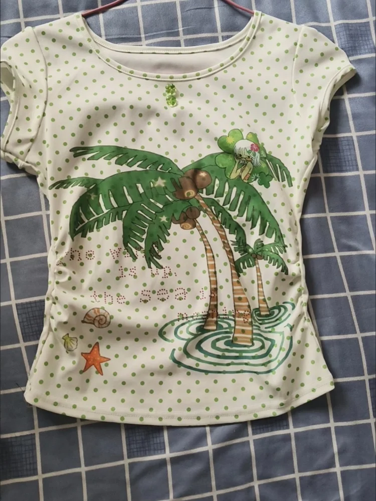 Harajuku Y2k Tree Sea Letters Printed Short Sleeve T-Shirt Women Clothes Vintage Streetwear 2000s Summer Sweet Girl Tops Tee
