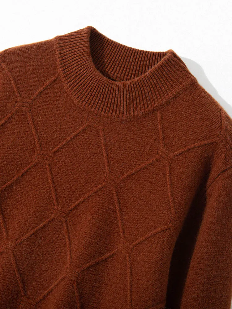 Classic Business Men's Pure Wool Half High Collar Long Sleeve Pullover Knitted Diamond Pattern Casual Warm High Quality Sweater