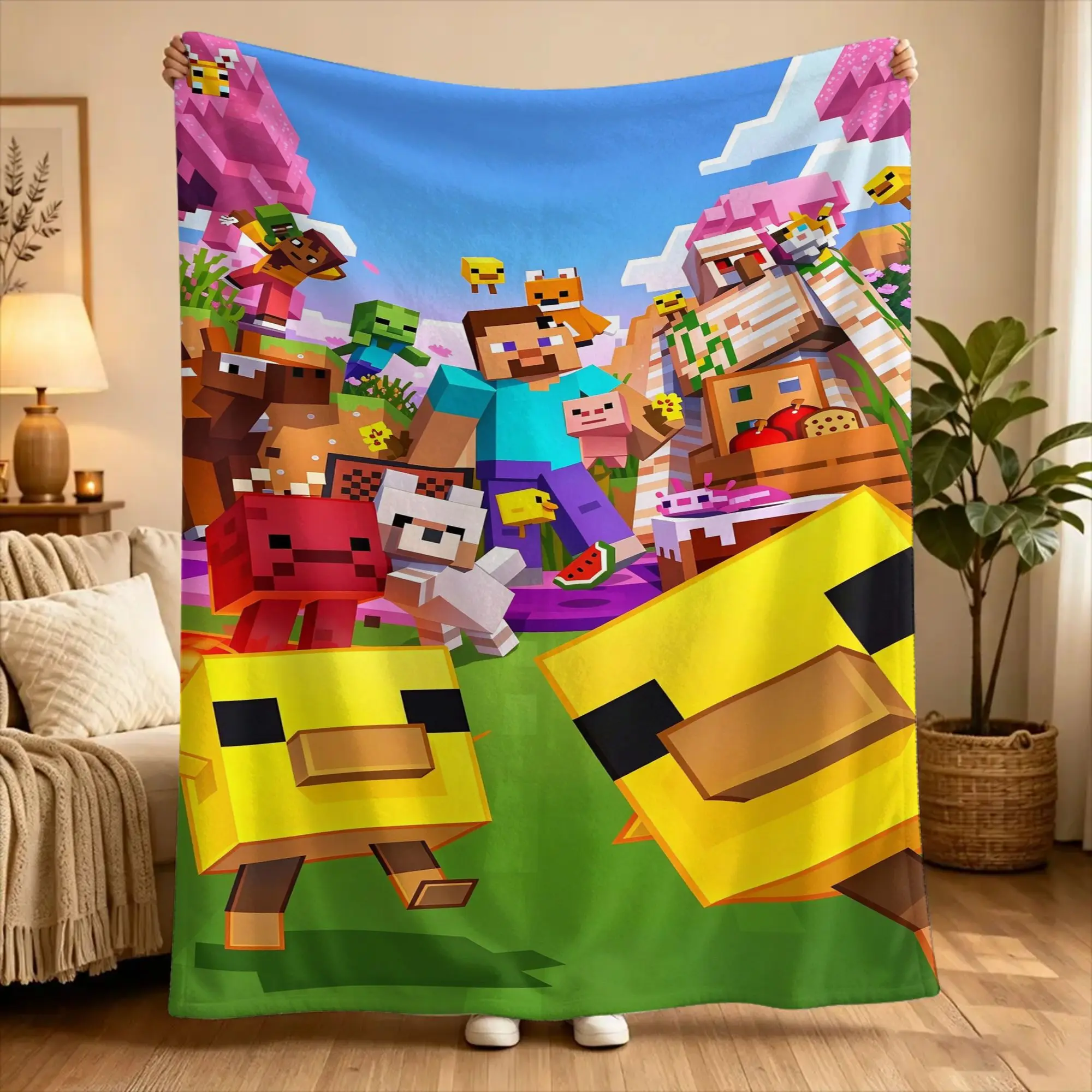 Cartoon Mines Pixel Game crafts  Throw Blanket  Flannel Bedspread For Bedroom Fashion Sofa Bed Cover