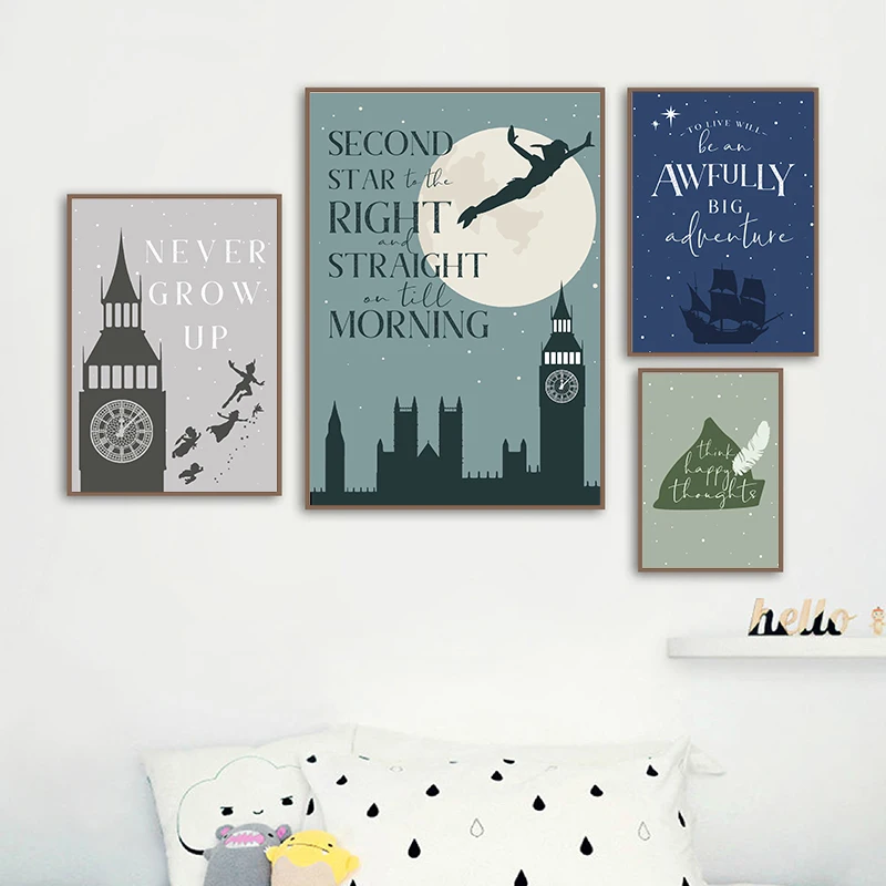 (Pintura en lienzo 2D) Impresión artística de Peter Pan, póster minimalista, piensa en pensamientos alegres, nunca crezca, aventura increíble, lienzo