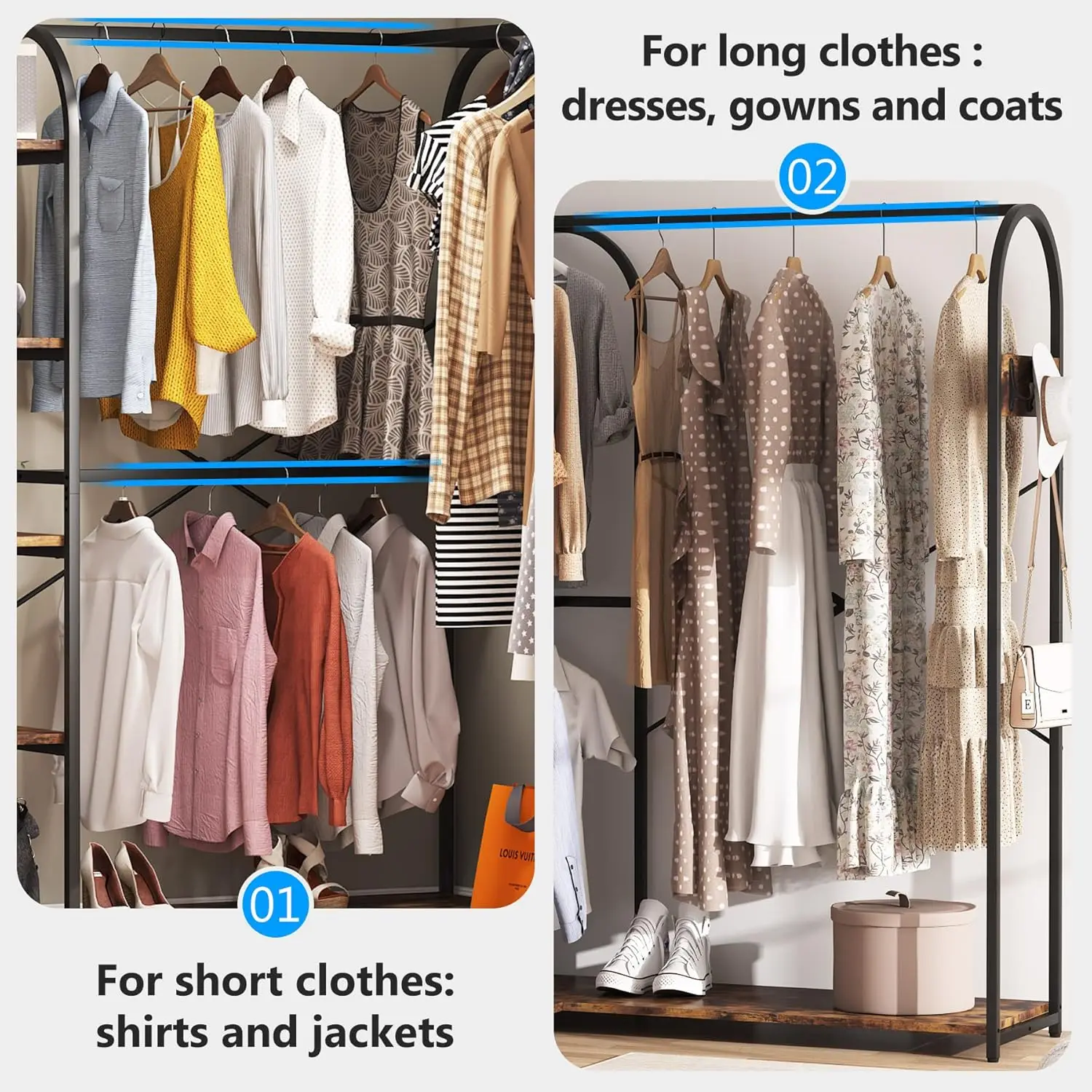 Shape Clothes Rack, Corner Garment Rack with Storage Shelves and Hanging Rods, Space-Saving Large Open Wardrobe Closet for Bedro