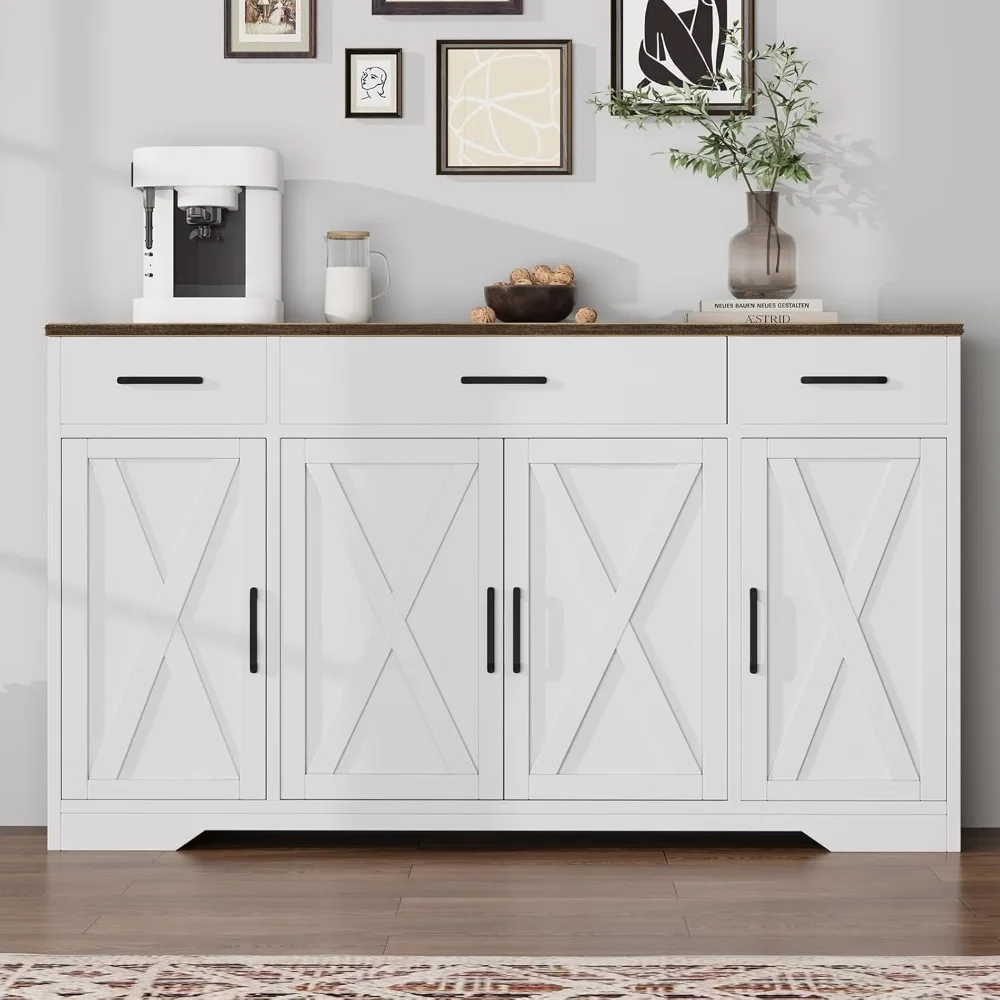 

55 Sideboard with Storage Kitchen Storage Cabinet with 3 Drawers, Modern Large Wood Farmhouse Buffet Cabinet TV Stand Coffee Bar