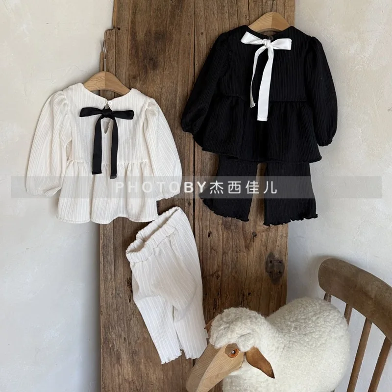 طفل دمية أعلى السراويل الطويلة قطعتين مجموعة Bowknot حزام مجموعة الفتيات الأطفال الكورية فضفاضة عارضة الحلو لطيف لينة مريحة