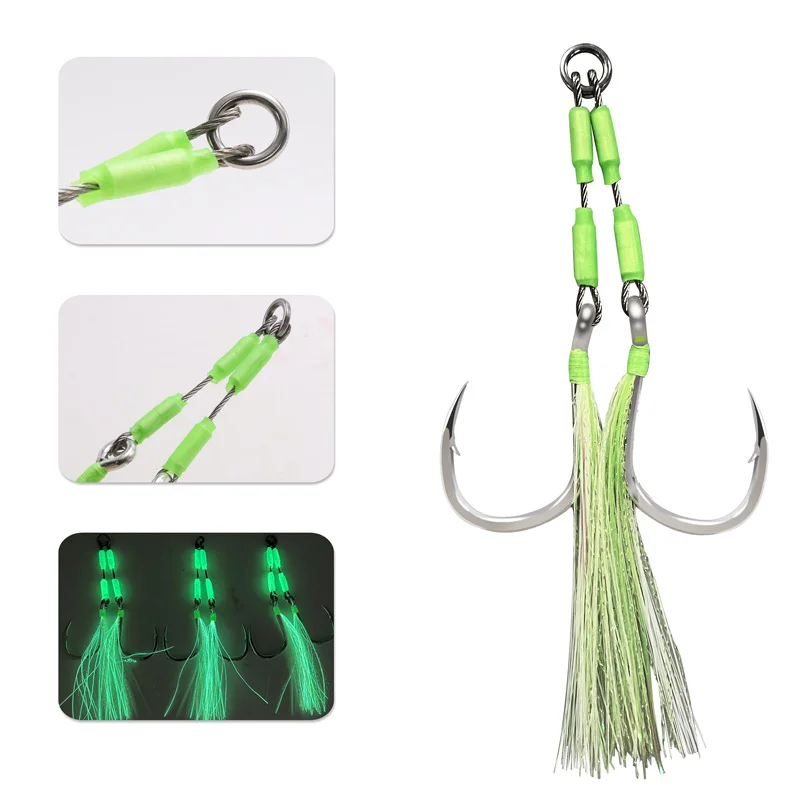 ZYZHE 1pc Jig Assist Hook High Strength Bkk8062 Hook Steel Line Luminous Tube Feather Jigging Fishhook Boat Fishing Hooks