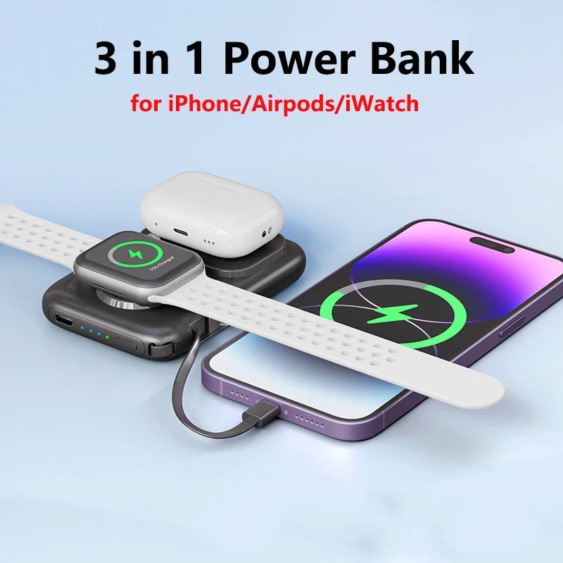 

Power Bank 5000mAh Magnetic Wireless Charger for iWatch Apple Watch 8 7 6 Powerbank for iPhone 15 Airpods Huawei Xiaomi Samsung