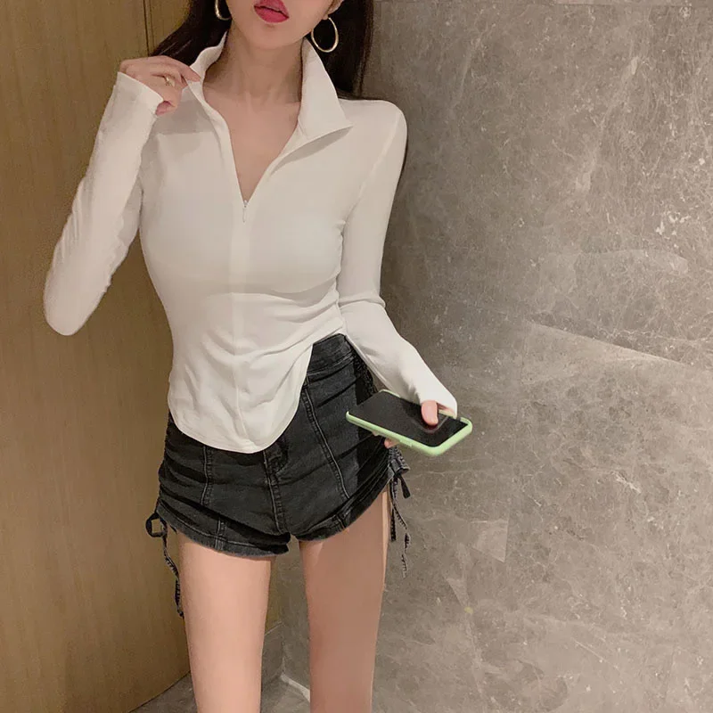 Camisas com zíper para mulheres, tops curtos brancos, gola sólida, minimalista, slim, designer kpop, moda básica, sexy, hotsweet, para mulheres