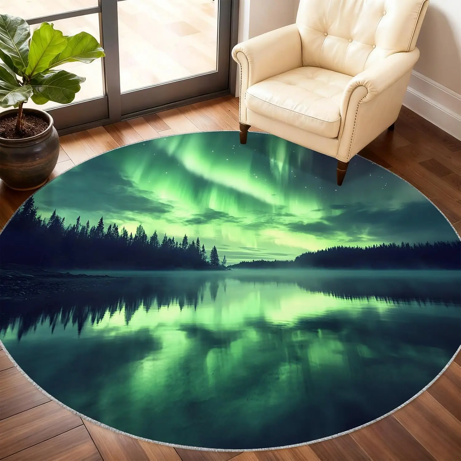 Modern Round Aurora Northern Lights Rug Waterproof Polyester Living Room Floor Mat Green Landscape Decor Area Carpet for Bedroom
