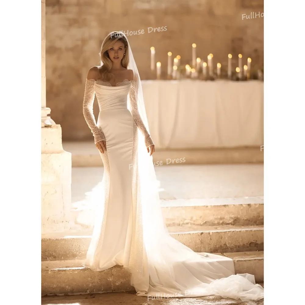 

Customized Luxury Off Shoulder Satin Lace Long Sleeve Wedding Dress Sheath Floor Length Backless Bridal Dress with Train