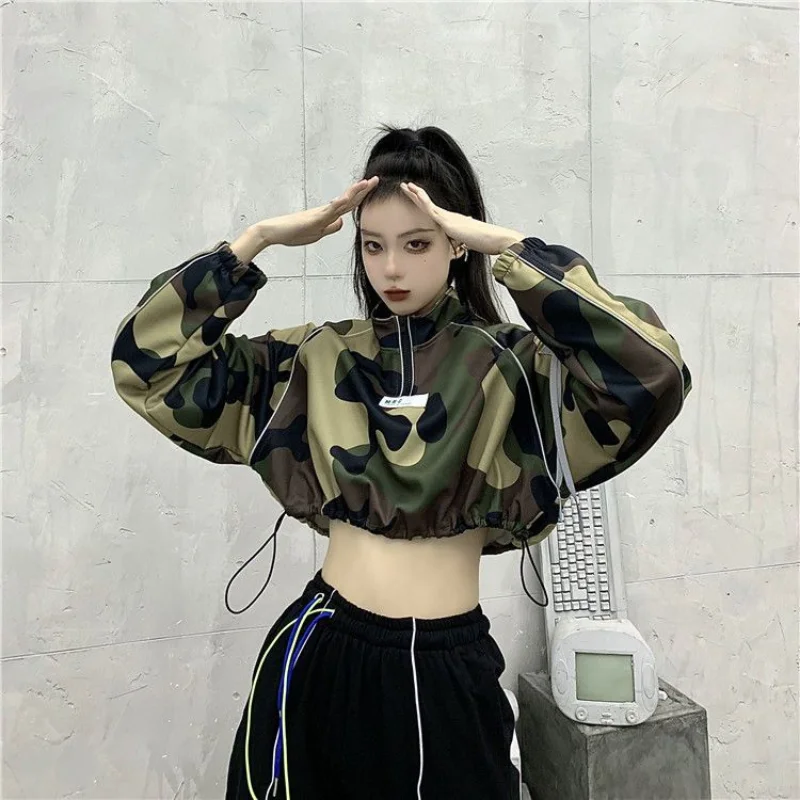 Hikigawa Chic Fashion Women Harajuku All Match Camouflage Pullover Sweatshirts Streetwear Casual Y2k Outerwear Crop Tops Mujer