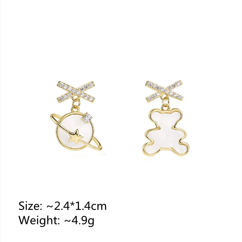 Cute Asymmetrical Bear Earring Crystal Cross Planet Drop Earrings for Women New Fashion Party Jewelry Unique Design Brincos