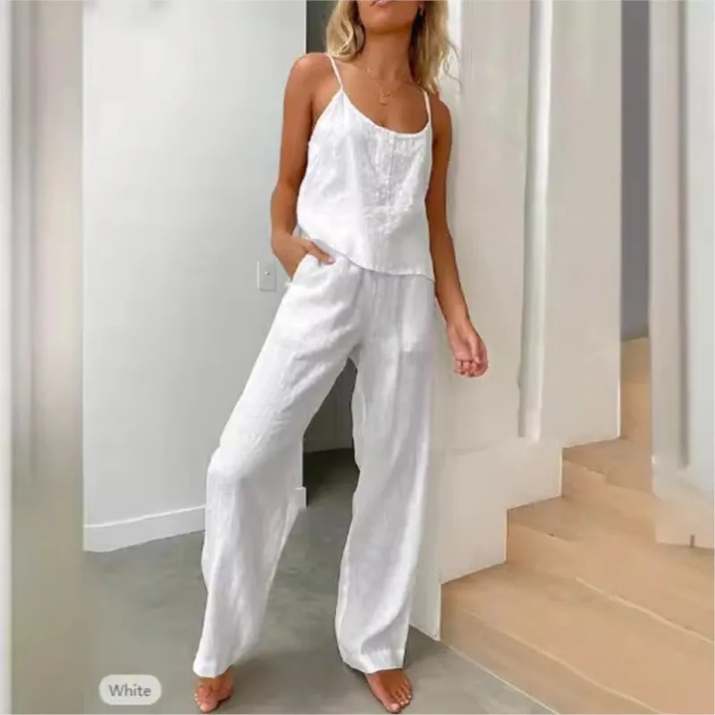 Dames Kleine Geurige Stijl Linnen Jarretel Knop Top Broek Tweedelige Set Zomer Eenvoudig Casual Vest Wijde pijpen Broekpakken