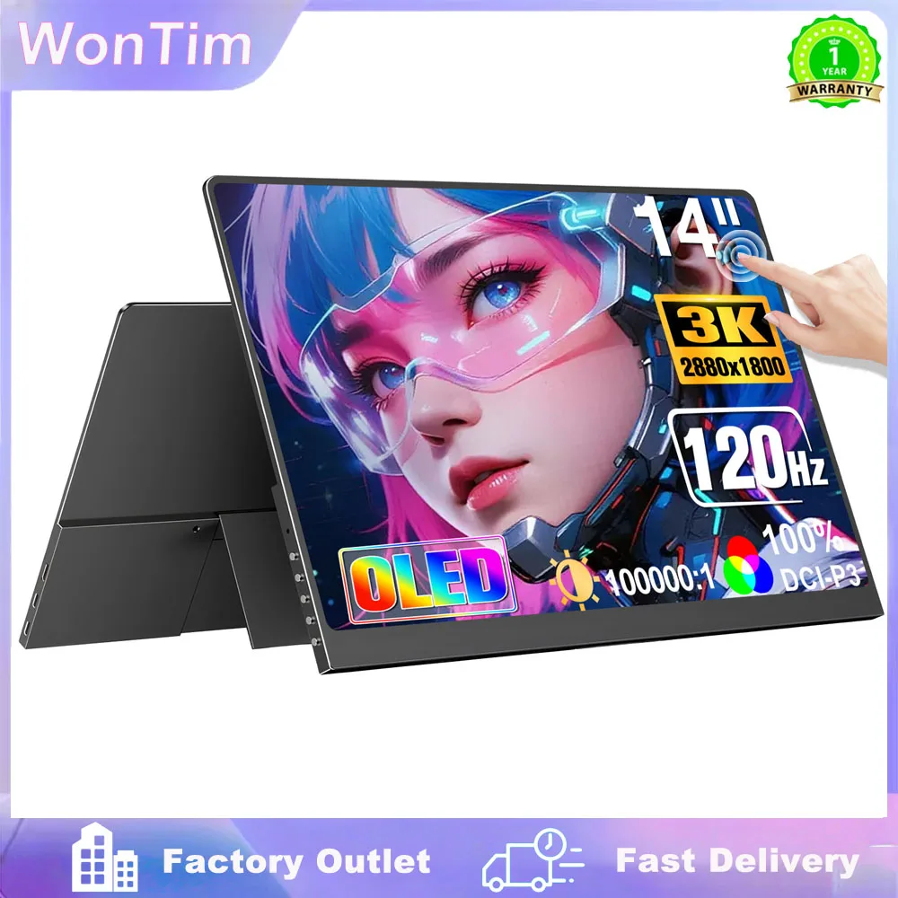 14.0" OLED Portable Monitor 3K Touchscreen Gaming Monitors 100% DCI-P3 Display Eye Care 120hz For Laptop Mac NUC PC VESA Stand