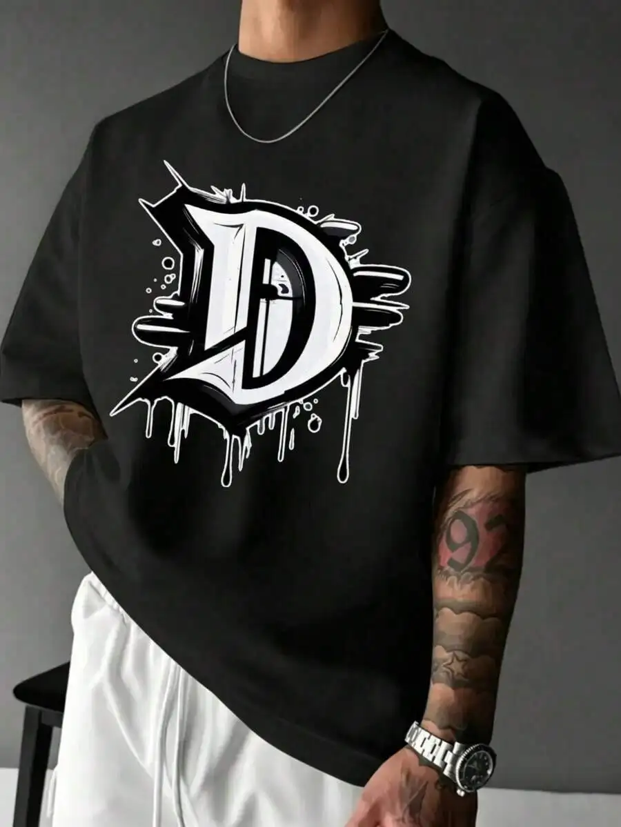 Men Streetwear Style Cotton Graphic Tees With Drip Letter D Design Oversized Fit For Urban Fashion Lovers Casual Wear Party Outfit Fathers Day Gift