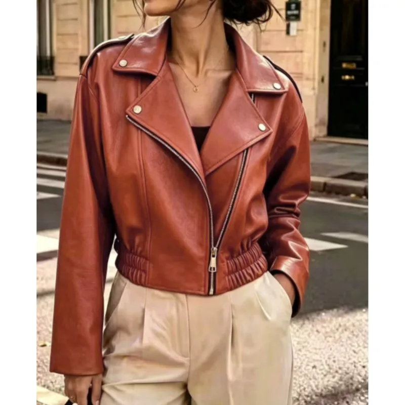 Retro Solid Color Women's Leather Jacket Spring Autumn Fashion Lapel Zipper Cardigan Jackets Ladies Casual Versatile Short Coat