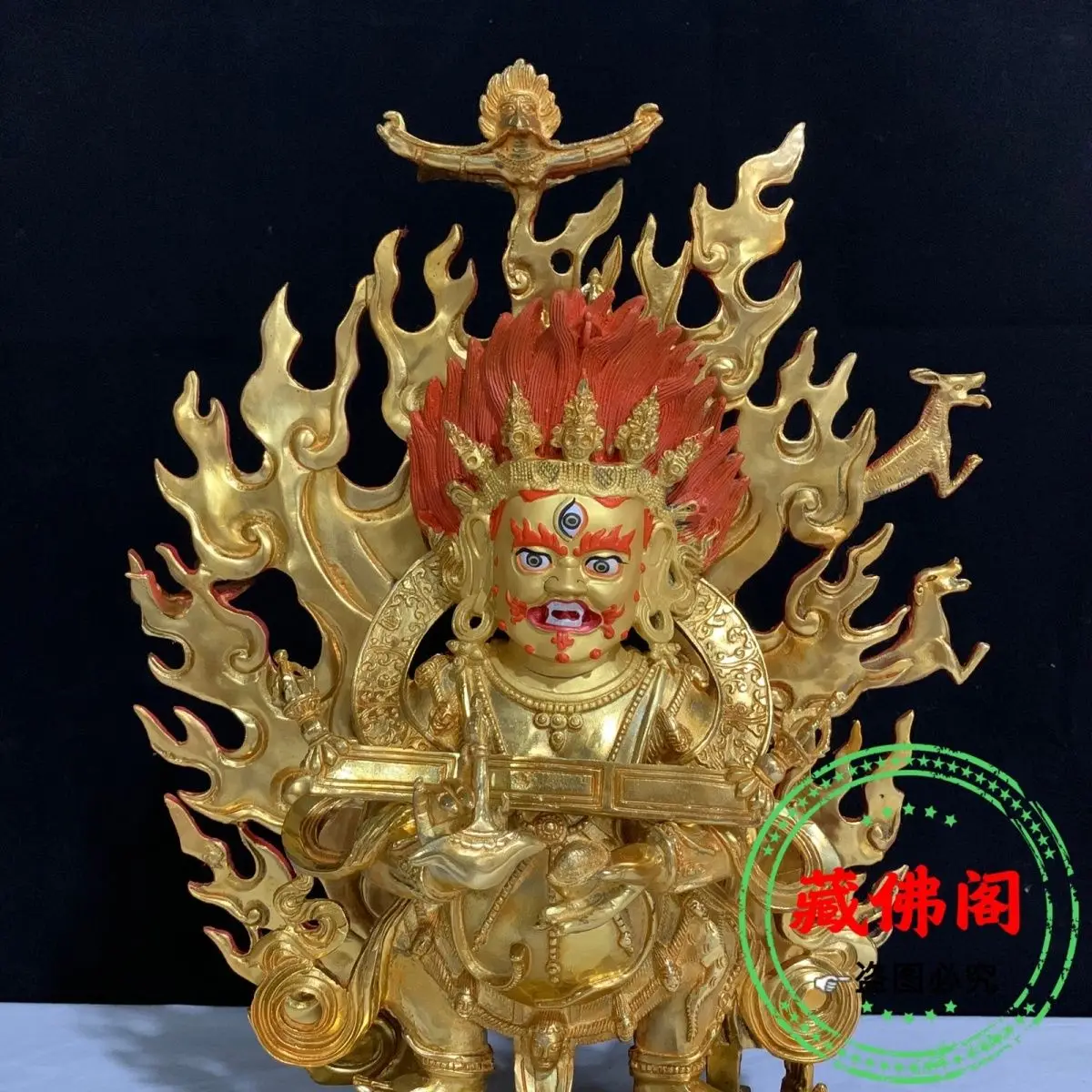 42cm two armed Mahagala pure copper precision craftsmanship Tibetan bronze statue ornament protector gilded painted living room