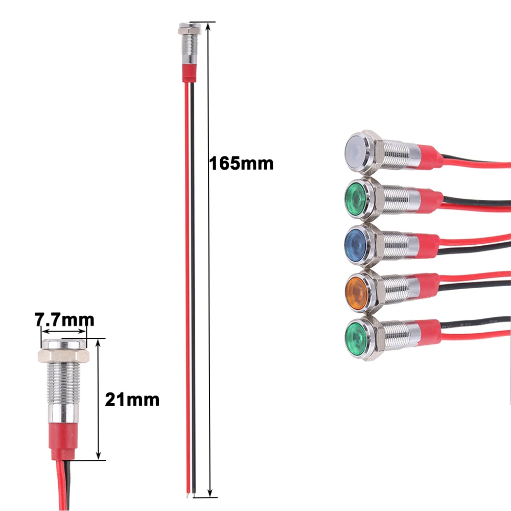 Luz indicadora LED de Metal, lámpara de señal impermeable de 6mm, 6V, 12V, 24V, 220v, cables de conexión, latón, níquel, plating, verde, rojo, azul