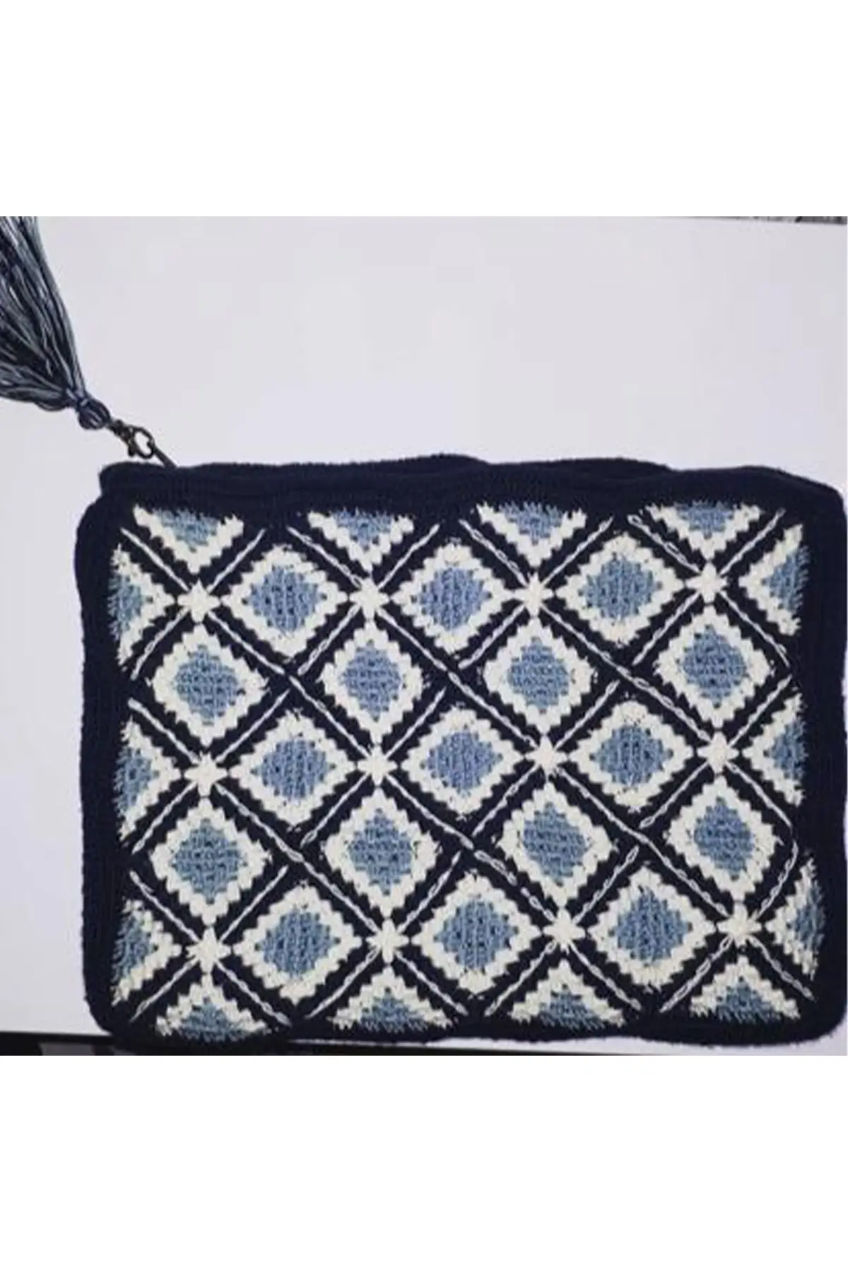 Uras Handmade Mesh Bag Wonderful Pattern Hand bag Clutch Bag Navy Blue White Women bag Shoulder Bag Handmade