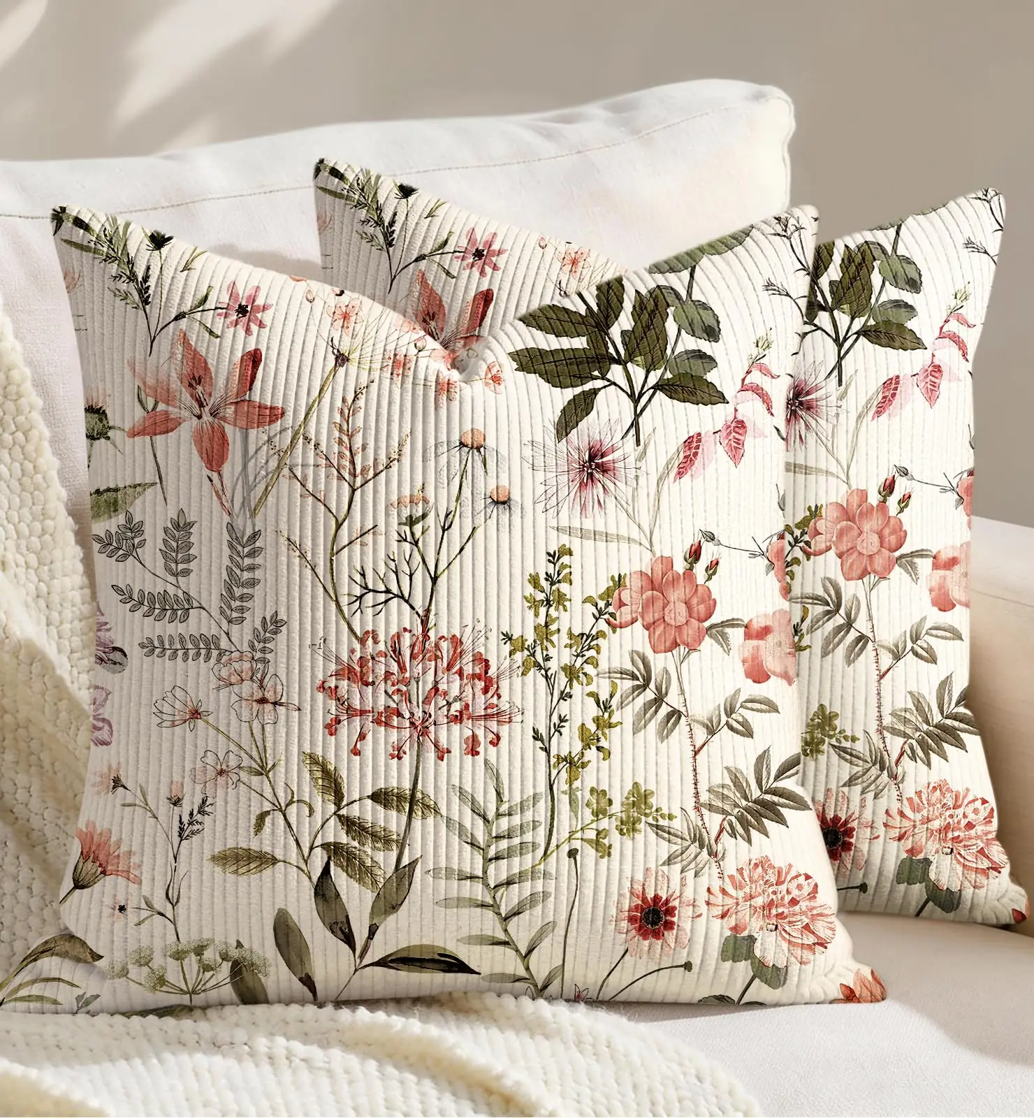 

Corduroy Throw Pillow Covers 18x18 - Set of 2 Decorative Pillow Covers with Zipper Farmhouse Decor Cottage Throw Pillowcases