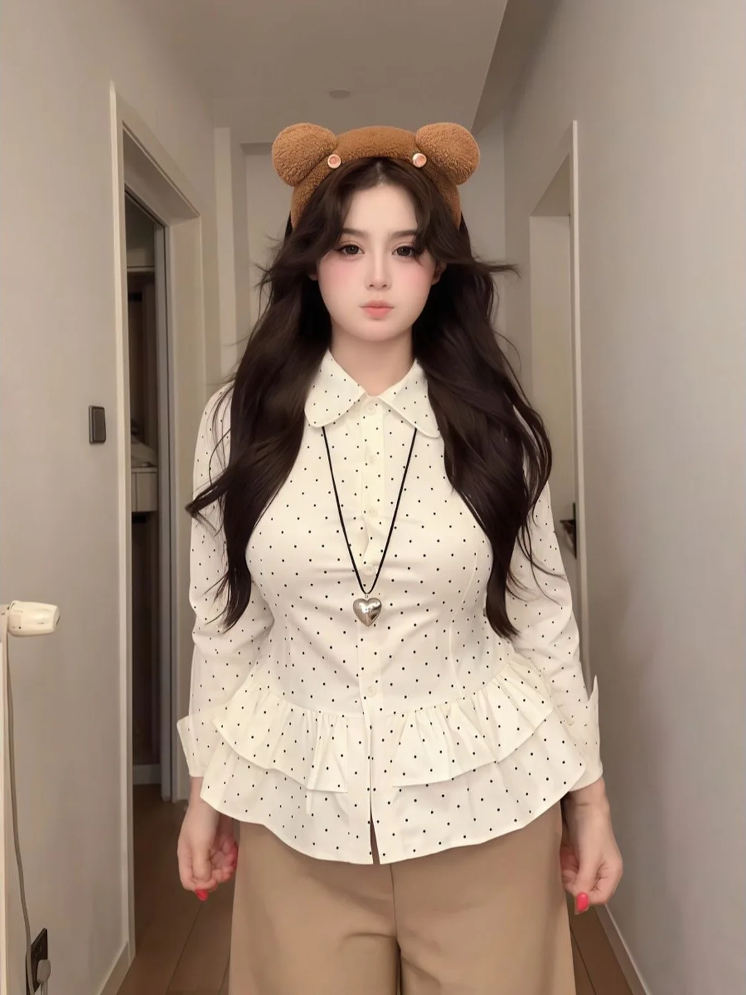 

Sweet Polka Dot Doll Collar Long Sve irt Women's Autumn Belted Slimming Meat Covering Top Large Size plus Size Faion