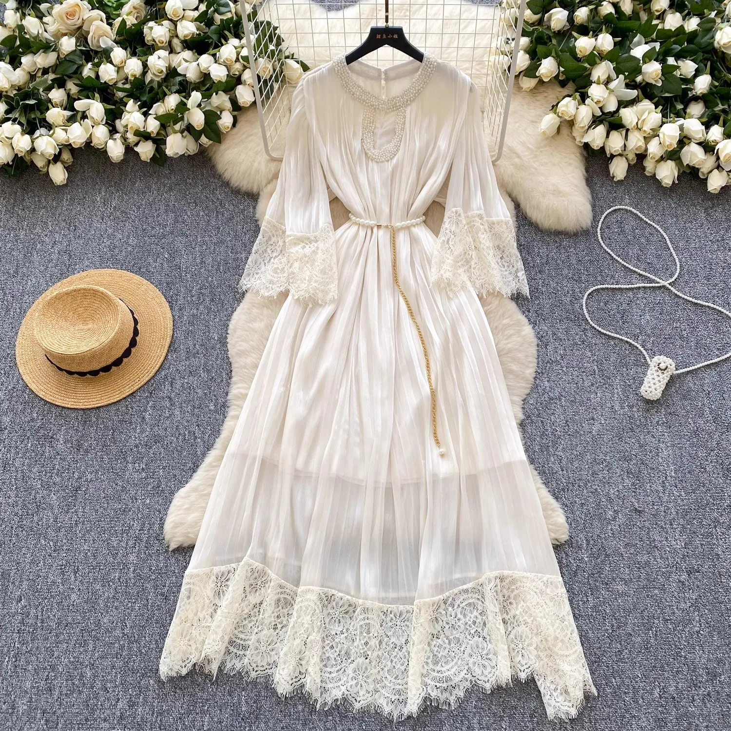 

Beading Lace Patchwork Loose Dress Women Elegant O-neck Vintage Clothing Lady Streetwear Holiday Party Vestidos Bodycon