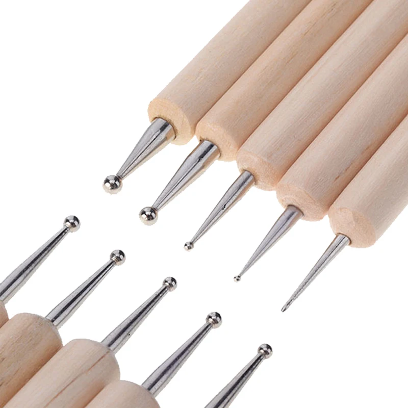 5Pcs 2 Way Wooden Dotting Pen Marbleizing Tool Nail Art Dot Dotting Tools