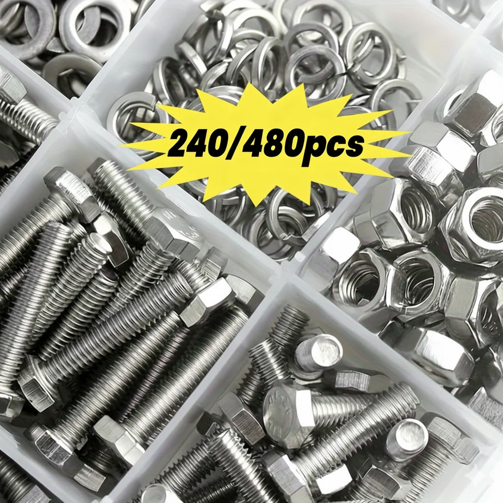 240Pcs Stainless Steel Hex Bolt and Nut Kit, Hex Head Screws with Nuts, Flat Washers, Lock Washers for Furniture, DIY Repairs