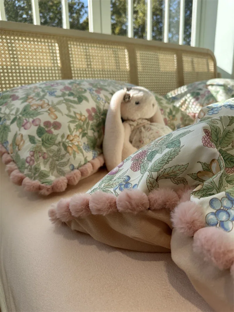 

American pastoral hairball lace cotton velvet four-piece set A-sided cotton pure cotton