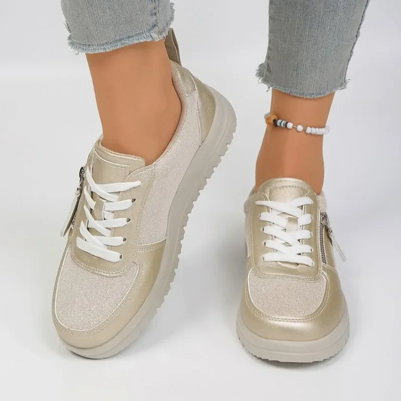 Women's Casual Platform Sneakers Metallic Glitter Lace Up Side Zipper Flat Walking Shoes Comfort Everyday Trainers for Ladies - view 5