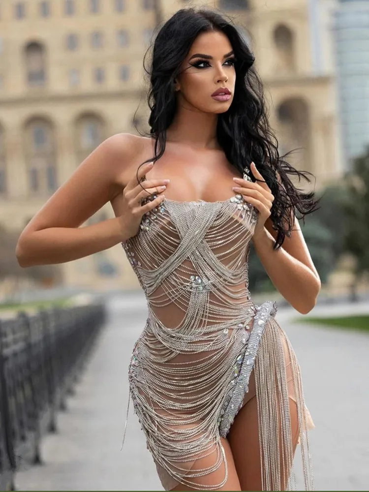 

2025 Women Sexy Strap Strapless Crystal Diamonds Beige Mini Dress Birthday Party Costume Bar Nightclub Stage Performance Outfit