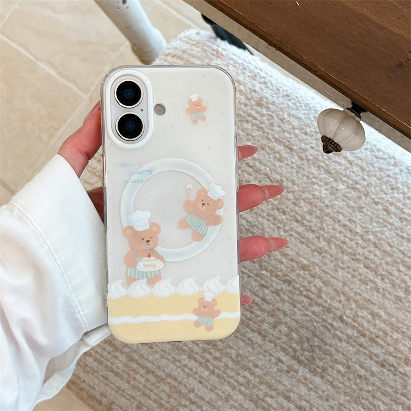 Cute Baker Bear For MagSafe Phone Case with Stand For iPhone 15 16 17 Pro Max Kawaii Shockproof Protective Cover