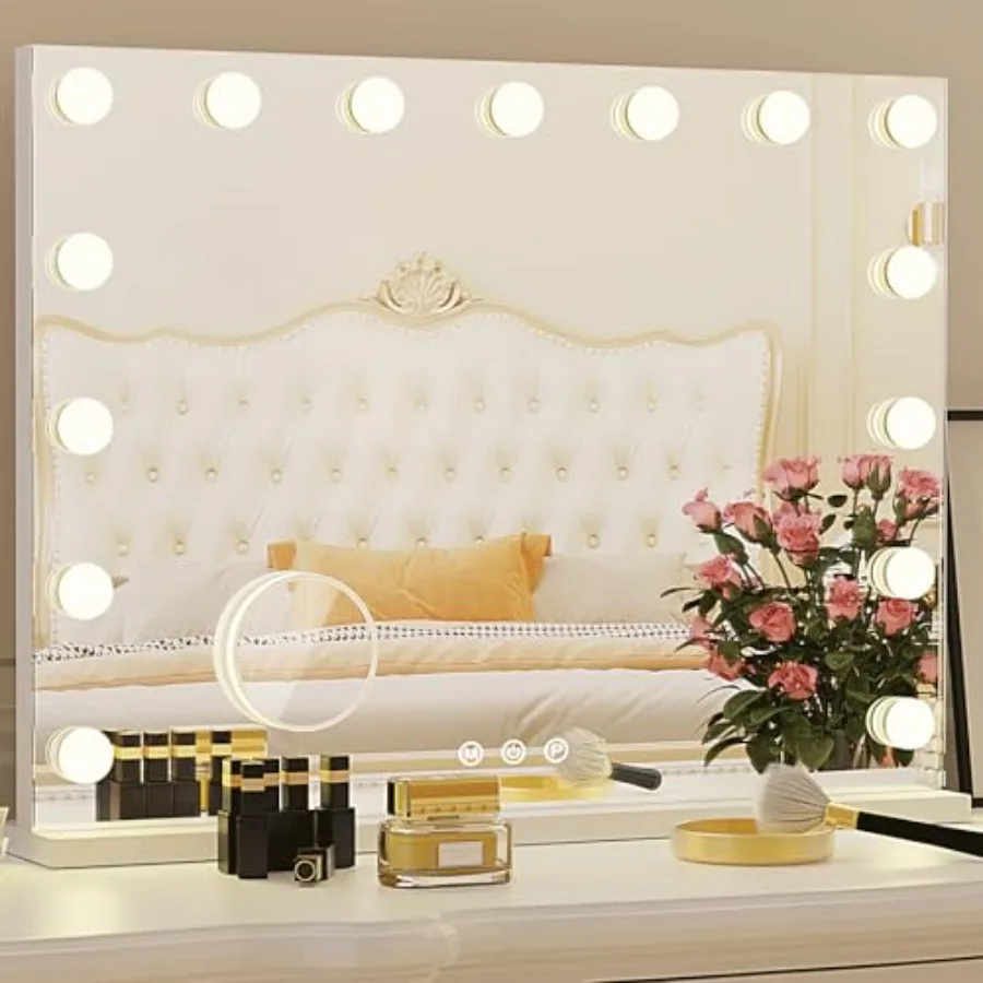 

Зеркало для макияжа Hollywood Vanity Mirror с 15 светодиодными лампами, 3 цветами подсветки, красивое зеркало с подсветкой, алюминиевая металлическая рама, 23 x 18 дюймов