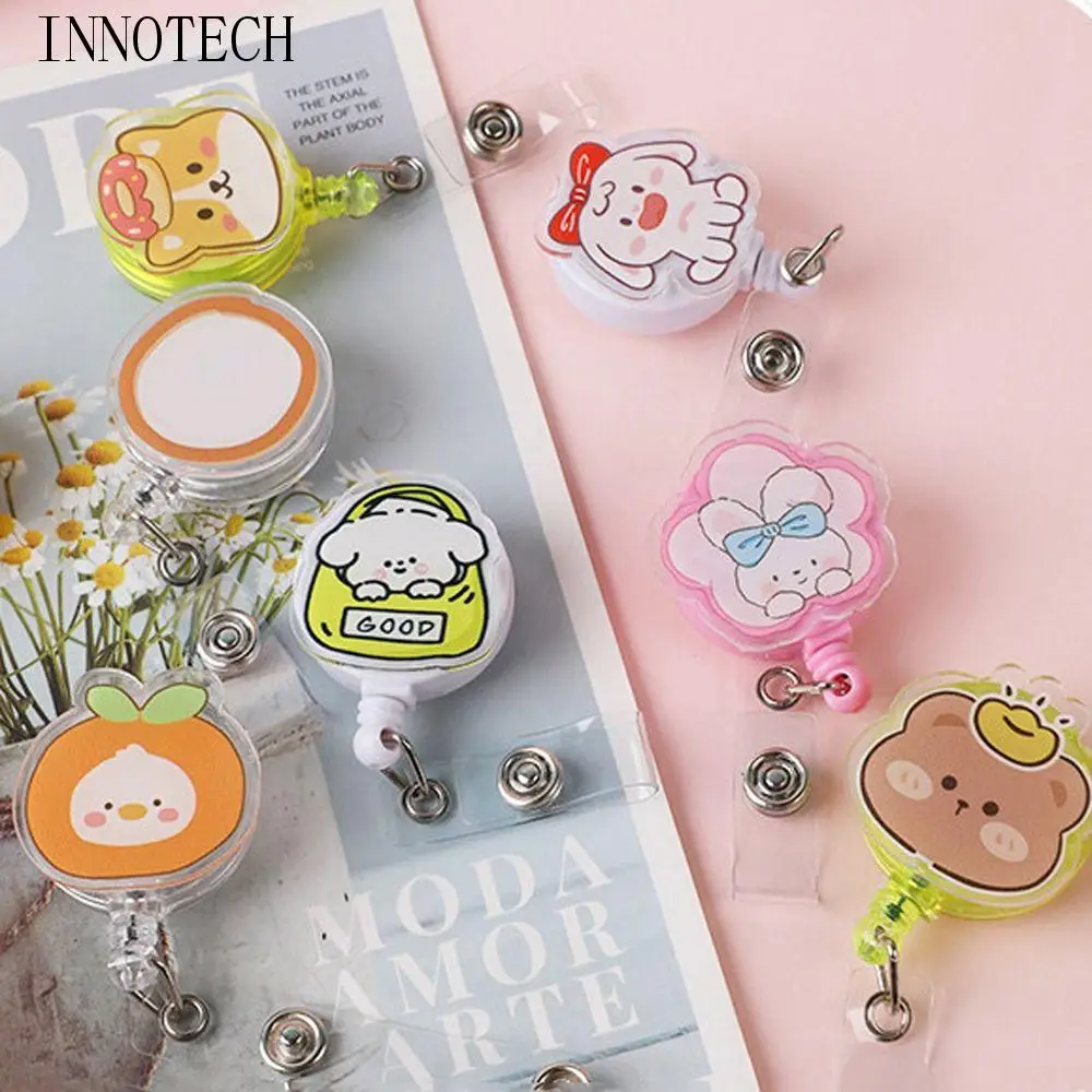 

Easy To Pull Badge Holder Clips Name Card Cute Colors Retractable Badge Reel Acrylic Cartoon ID Card Holder Office Supplies