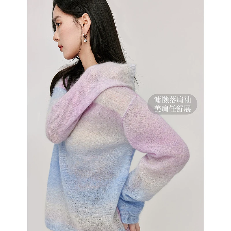 INMAN Artistic gradation color Women's Sweater with sheep wool  mohair autumn winter hollow crewneck long-sleeved Knitwear