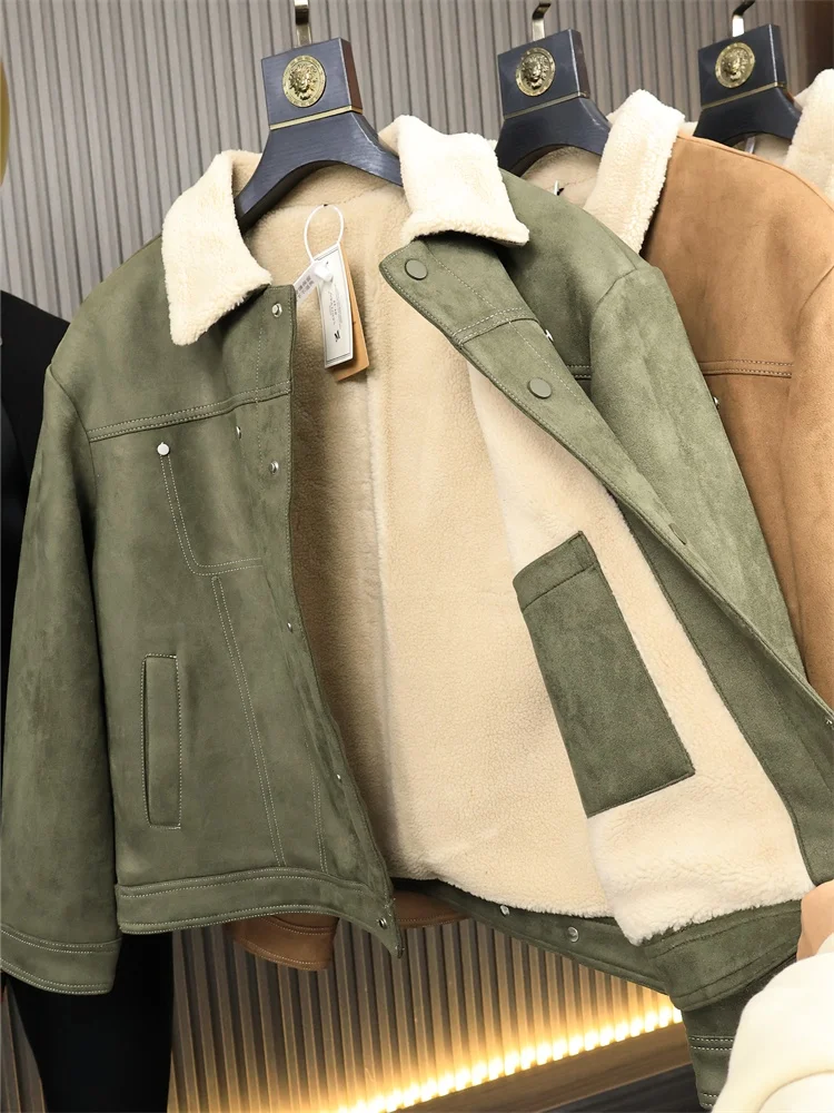 Advanced Suede Series Double Warmth Autumn Winter Men's Faux Leather Collar Lamb Fur Warm Casual Fleece Lined Jacket