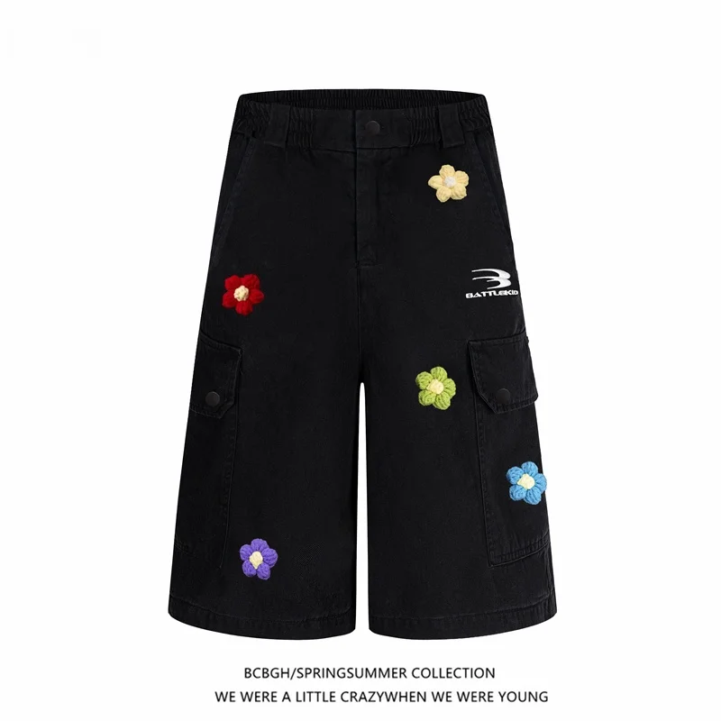 

Retro American Embroidered Multi-ket Workwear Denim orts Casual Wide Leg Pants for Men And Women Summer Leisure Trousers