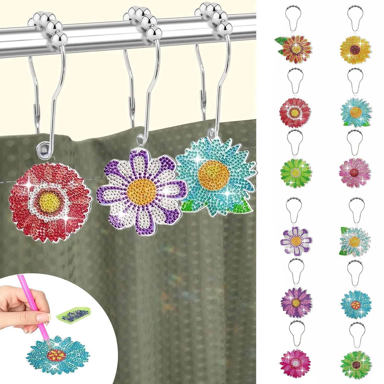 12 DIY Diamond Painting Sets, Flower-Themed Shower Curtain Rings, Suitable for Bathroom and Bedroom Room Decoration.