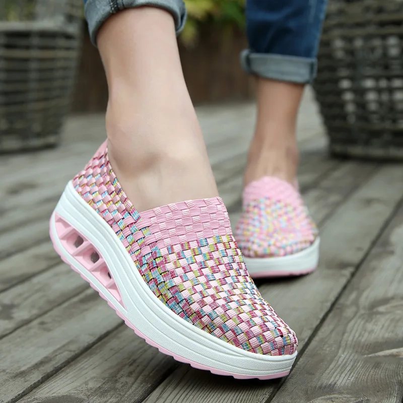 Zapatos De Mujer Sneakers Women\'s Mixed Color Woven Wedge Rocking Shoes Lightweight Non-slip Breathable Loafers Chaussure Femmes