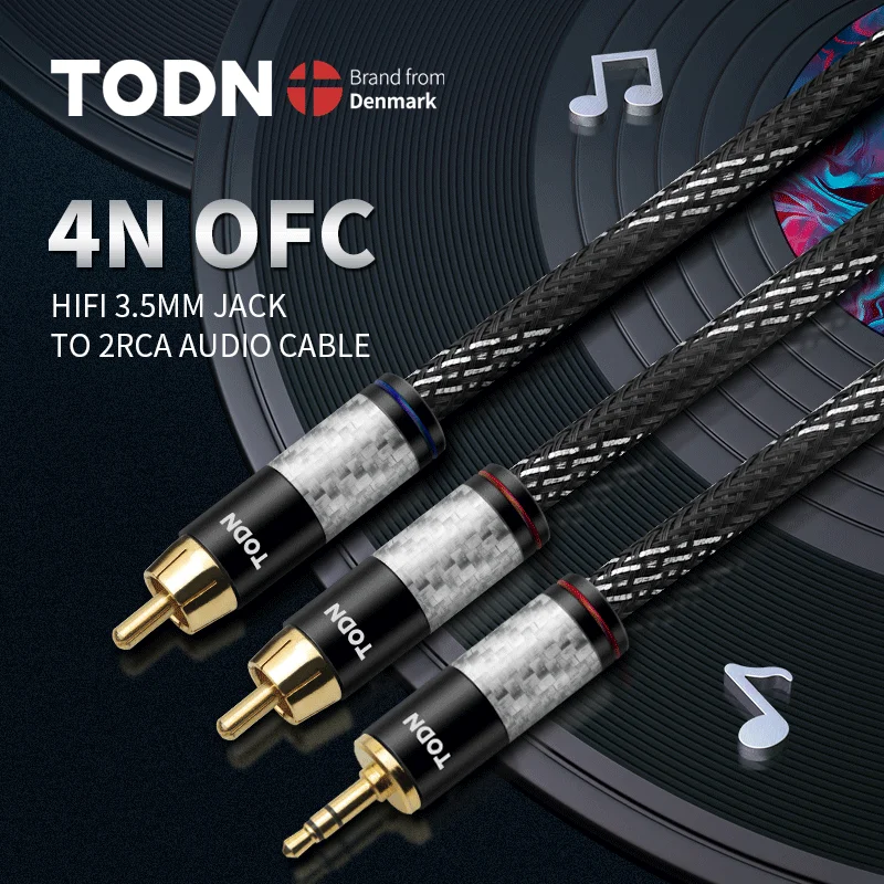 Todn 3,5 мм Джек 2RCA OFC аудио кабель aux к rca HIFI стерео для усилителя, компьютера, настольного аудио