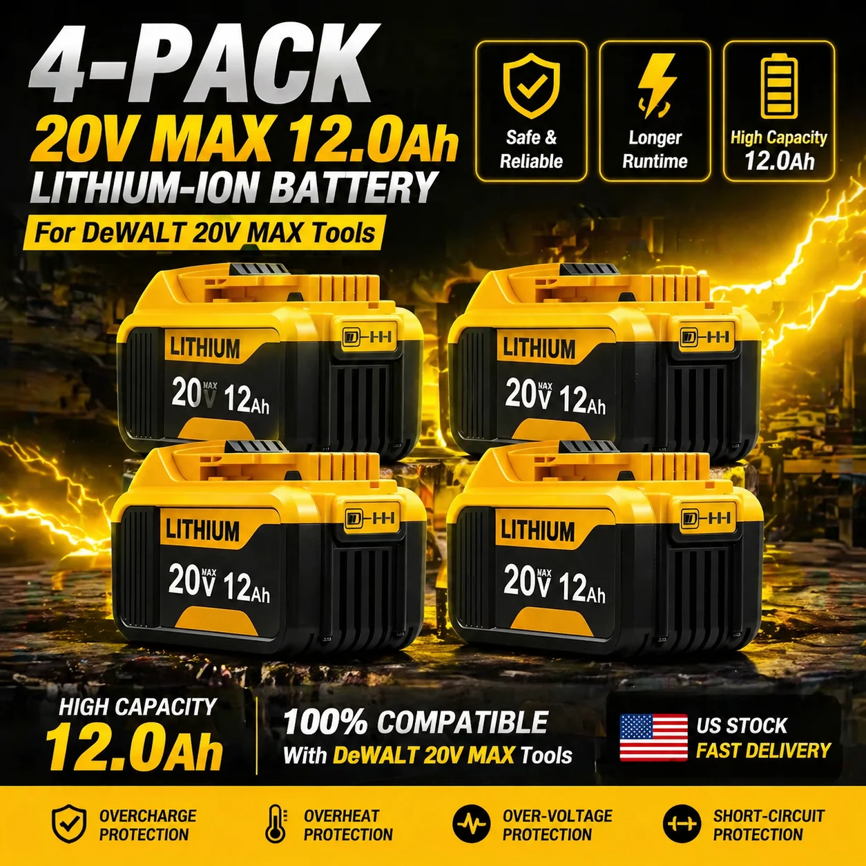 

Комплект из 4 аккумуляторов 20V Max 12.0Ah, совместимых с инструментами Dewalt 20V, с LED-индикатором, высокой емкостью, литий-ионные, для электроинструментов