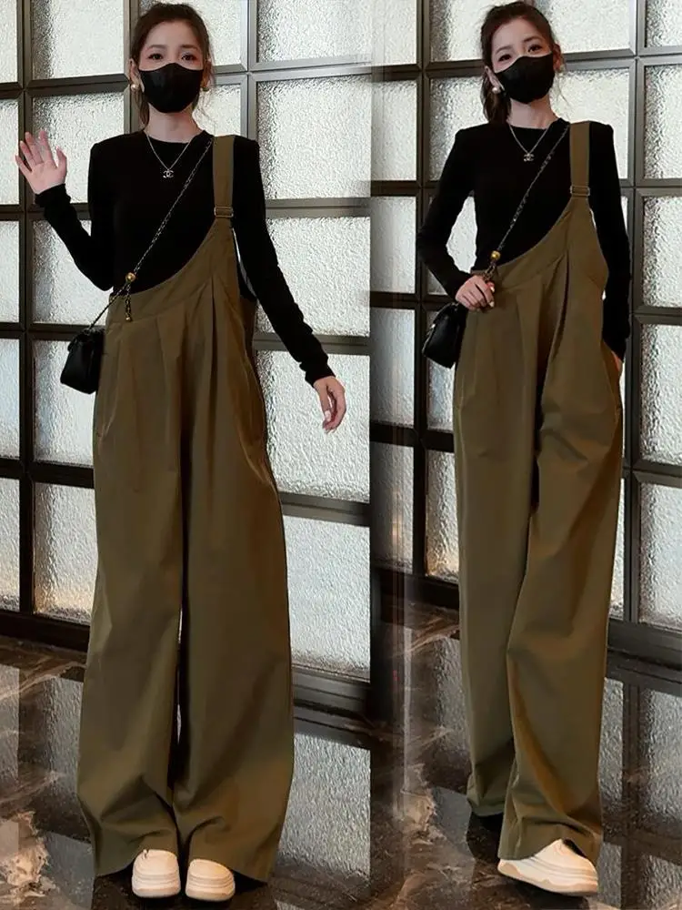 ファイオナブルなワークウェア オーバーオール レディース ゆったり 着痩せ Tシャツ ベースシャツ ワイドレッグ ジャンプスーツ ツーピースセット 秋のトレンド